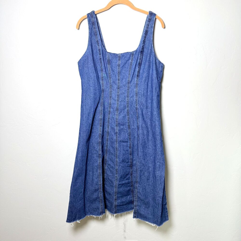 Joie Denim Midi Dress Womens Large Square Neck Exposed Zipper Raw Hem